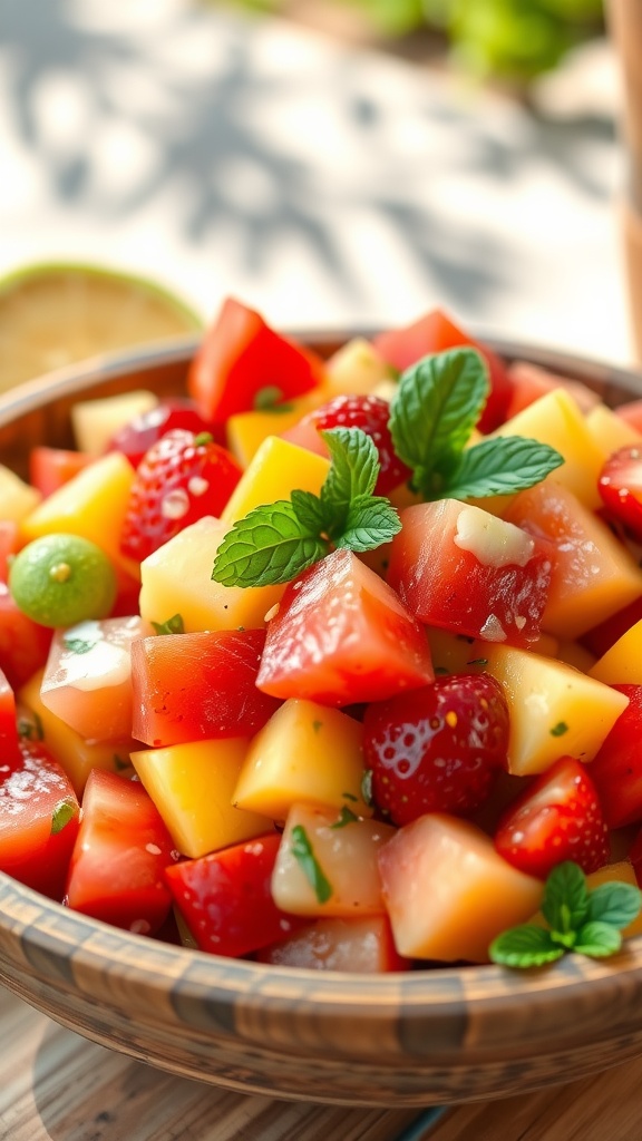 A colorful tropical fruit salad with watermelon, pineapple, mango, and strawberries, garnished with mint, in a rustic wooden bowl.